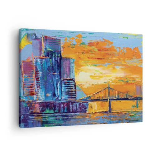 Obraz na plátně - Barevné město s mostem v zapadajícím slunci - 70x50cm - Kultura a příroda - Moderní nástěnná dekorace do obývacího pokoje a ložnice ARTTOR