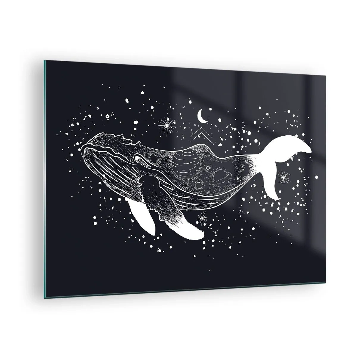 Obraz na skle - Grafická bílá silueta velryby plovoucí ve vesmíru - 70x50cm - V oceánu vesmíru - Moderní nástěnná dekorace do obývacího pokoje a ložnice ARTTOR