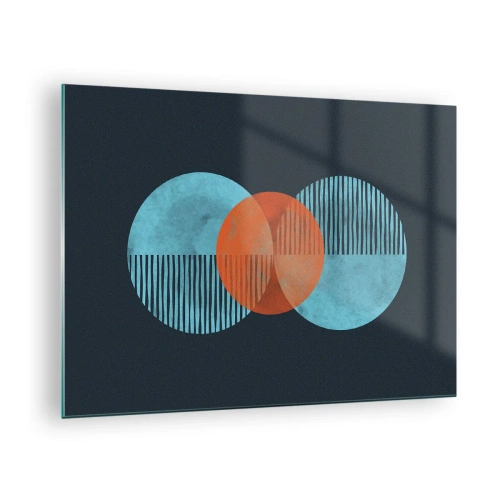 Obraz na skle - Barevné kruhy se svislými čarami na tmavém pozadí - 70x50cm - Symetrická kompozice - Moderní nástěnná dekorace do obývacího pokoje a ložnice ARTTOR