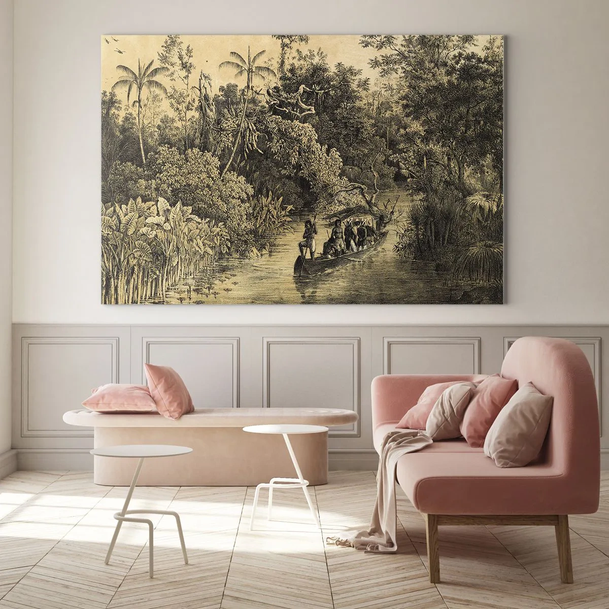 Obraz na skle - Retro tisk zobrazující cestu džunglí - 70x50cm - Výlet ke zdroji - Moderní nástěnná dekorace do obývacího pokoje a ložnice ARTTOR