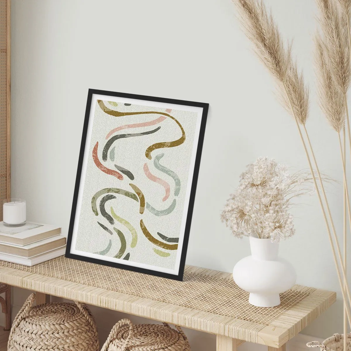 Plakát v černém rámu - Abstraktní vlnovky v přírodních odstínech - 50x70cm - Radostný tanec abstrakce - Moderní nástěnná dekorace do obývacího pokoje a ložnice ARTTOR