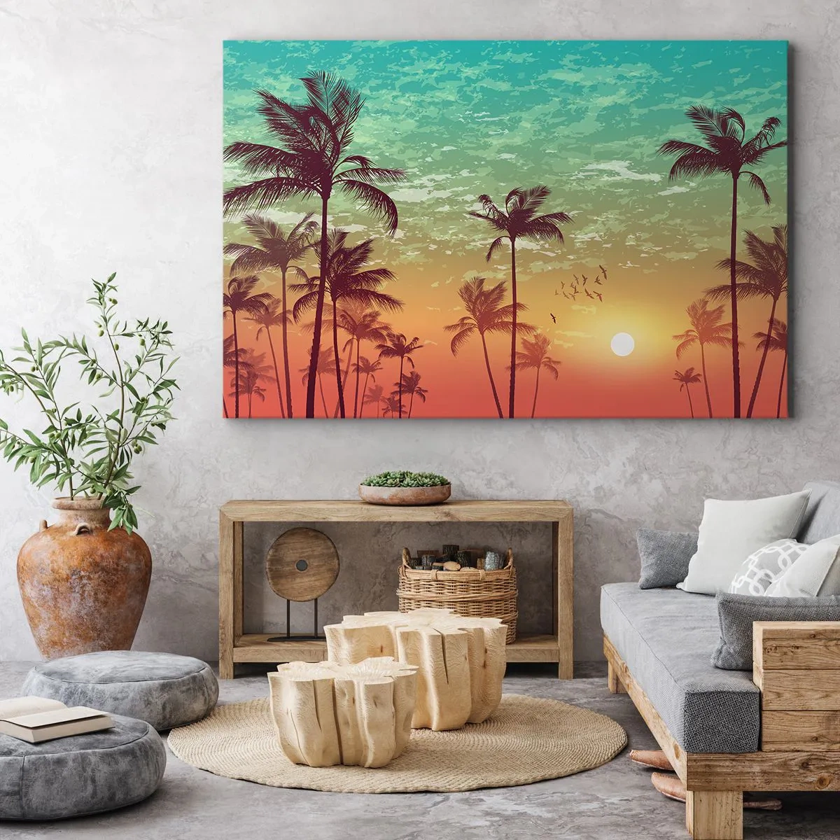 Obraz na plátně - Západ slunce s palmami proti barevné obloze - 70x50cm - Tropické klima - Moderní nástěnná dekorace do obývacího pokoje a ložnice ARTTOR