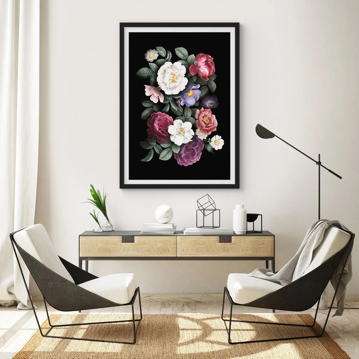 Plakát v černém rámu - Kytice květin na černém pozadí ve vintage stylu - 50x70cm - Z anglické zahrady - Moderní nástěnná dekorace do obývacího pokoje a ložnice ARTTOR