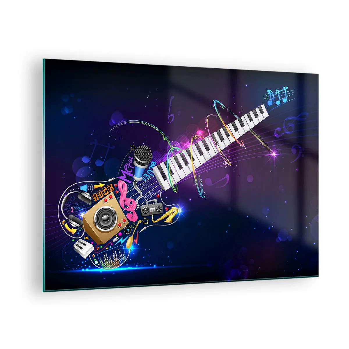 Obraz na skle - Barevná hudební kompozice s nástroji a notami - 70x50cm - A všechno hraje - Moderní nástěnná dekorace do obývacího pokoje a ložnice ARTTOR