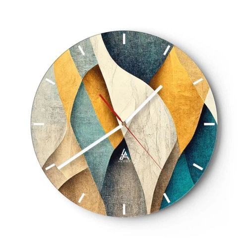 Nástěnné hodiny - Geometrické vlny ve zlaté, tmavě modré, tyrkysové a béžové barvě - 30x30cm - Rytmus a vlnění - Moderní nástěnná dekorace do obývacího pokoje, kuchyně a ložnice ARTTOR