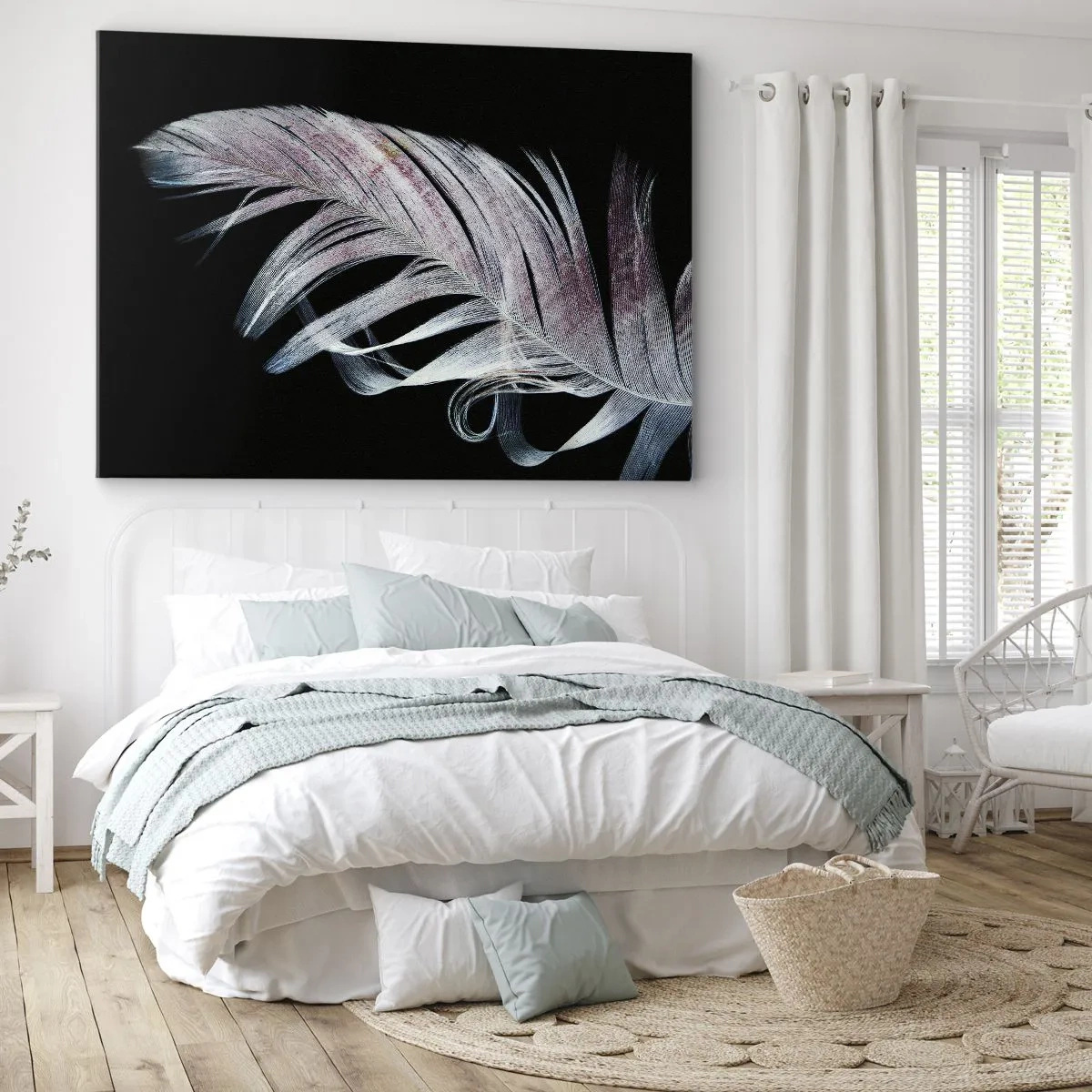 Obraz na plátně - Jemné pírko na černém pozadí v uměleckém pojetí - 70x50cm - Přemýšlejte o dotyku - Moderní nástěnná dekorace do obývacího pokoje a ložnice ARTTOR