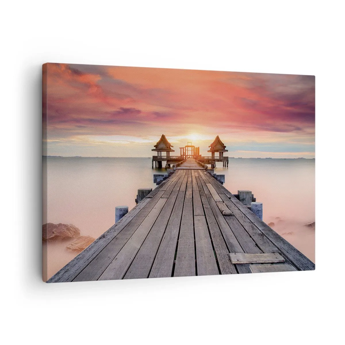 Obraz na plátně - Dřevěné molo vedoucí k altánům při západu slunce - 70x50cm - Západ na východě - Moderní nástěnná dekorace do obývacího pokoje a ložnice ARTTOR