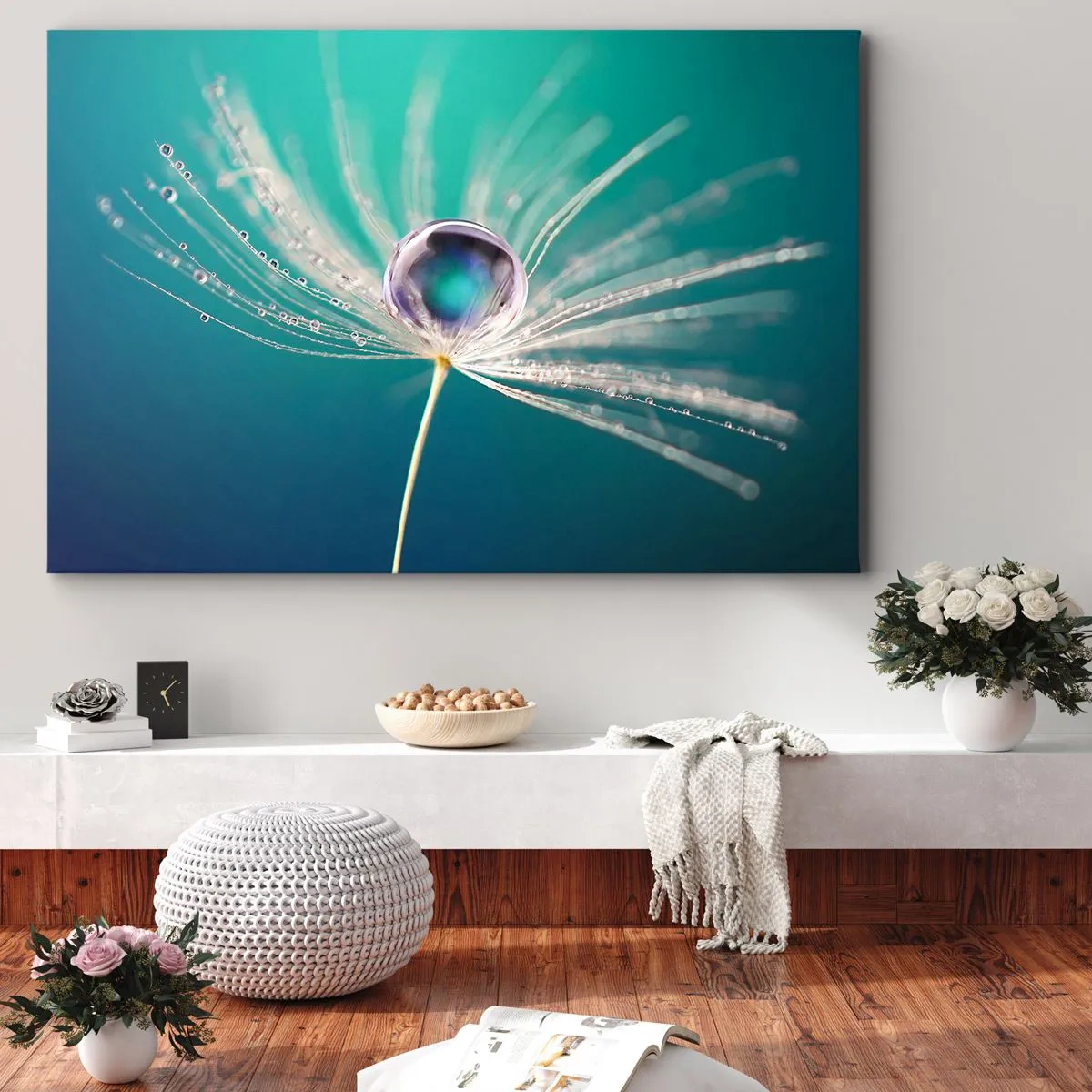 Obraz na plátně - Makro kapky vody na jemném semínku pampelišky - 70x50cm - Mystický okamžik - Moderní nástěnná dekorace do obývacího pokoje a ložnice ARTTOR