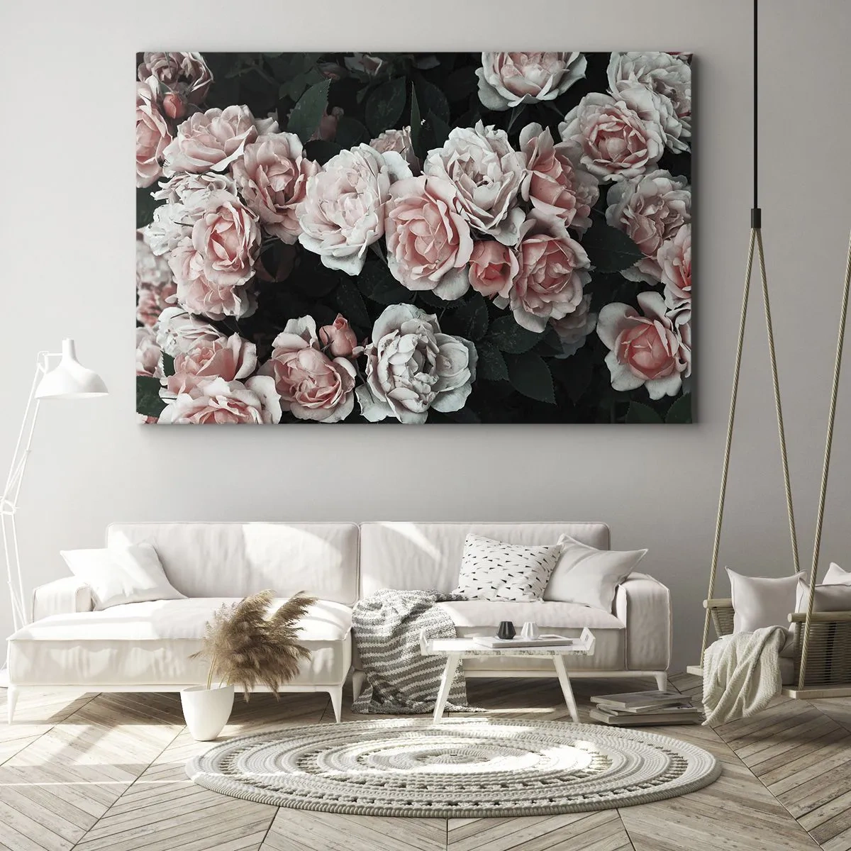 Obraz na plátně - Růžové růže na tmavém pozadí v decentní kompozici - 70x50cm - Růžový ansámbl - Moderní nástěnná dekorace do obývacího pokoje a ložnice ARTTOR