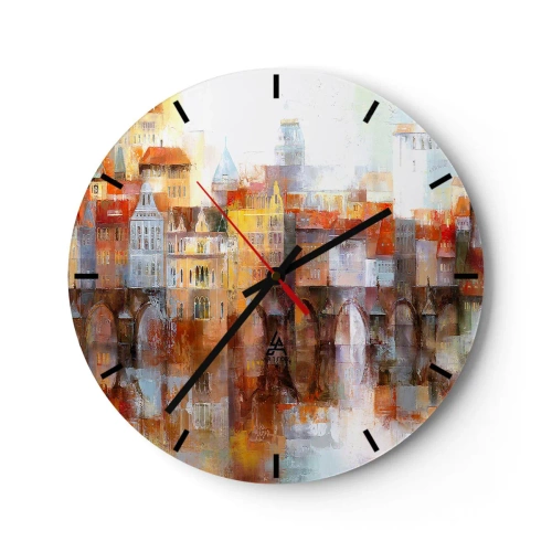 Nástěnné hodiny - Malebné město s mostem a odrazem ve vodě - 30x30cm - Pod mostem je taky krásně - Moderní nástěnná dekorace do obývacího pokoje, kuchyně a ložnice ARTTOR