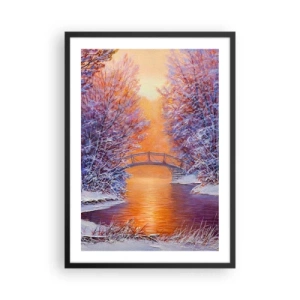 Plakát v černém rámu - Zimní krajina s mostem a zapadajícím sluncem odrážejícím se v řece - 50x70cm - Sejdeme se zde - Moderní nástěnná dekorace do obývacího pokoje a ložnice ARTTOR