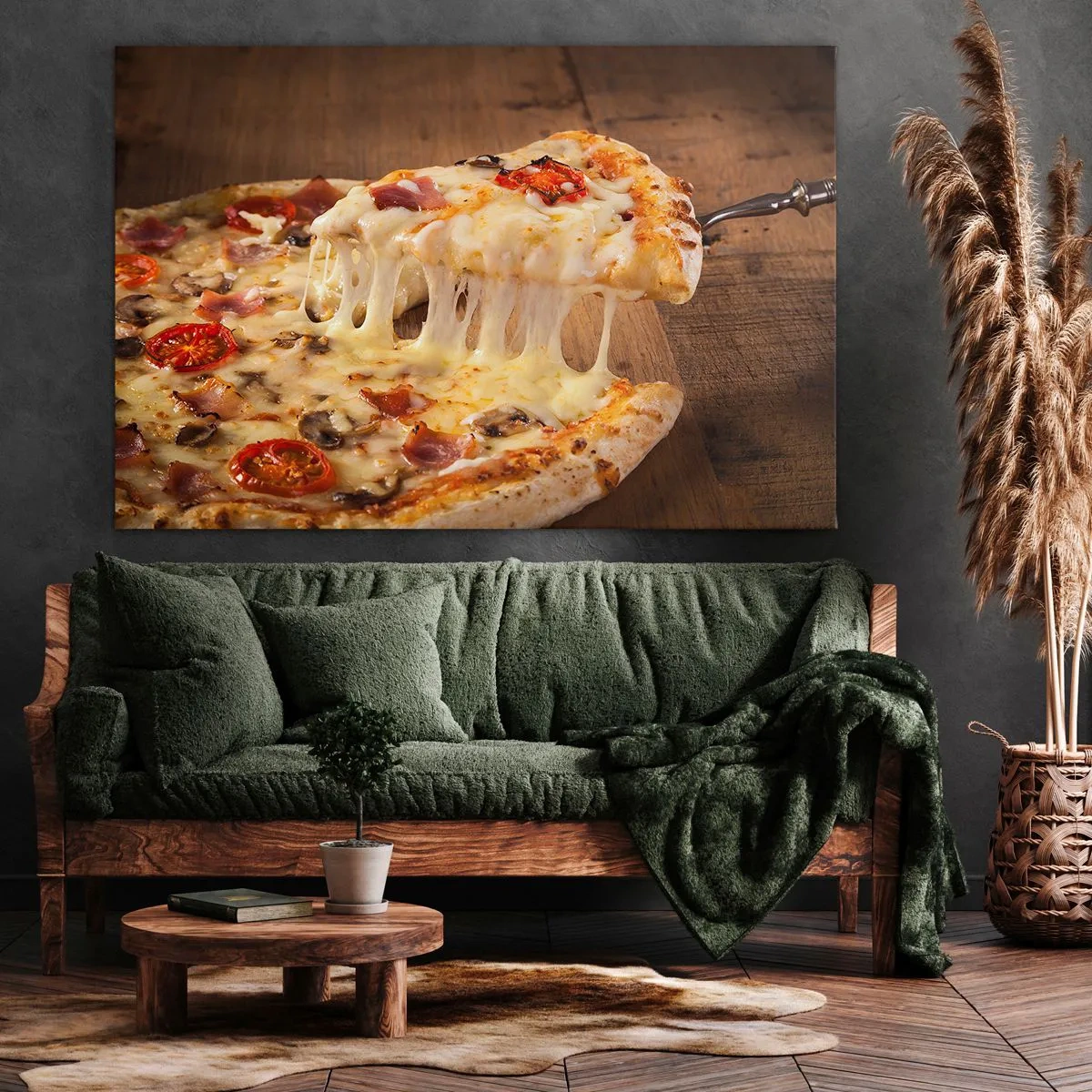 Obraz na plátně - Pizza s vláknitým sýrem - 70x50cm - Veledílo italského umění - Moderní nástěnná dekorace do obývacího pokoje a ložnice ARTTOR