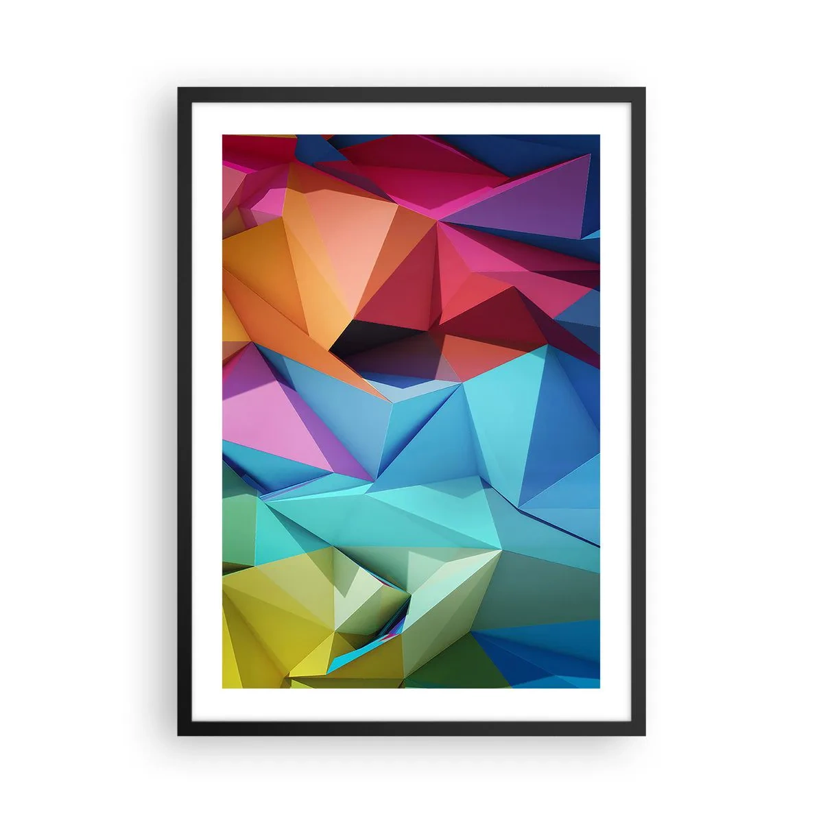 Plakát v černém rámu - Barevná geometrická abstrakce s trojúhelníky - 50x70cm - Duhové origami - Moderní nástěnná dekorace do obývacího pokoje a ložnice ARTTOR