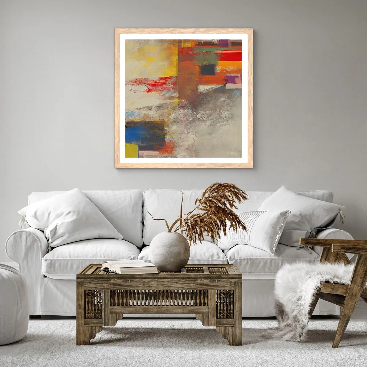 Plakát v rámu světlý dub - Geometrie barev - 60x60 cm