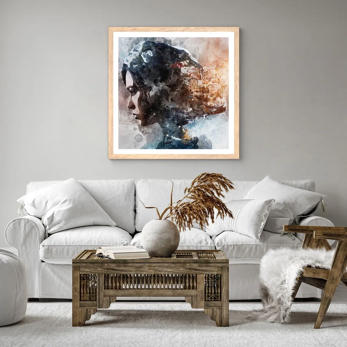Plakát v rámu světlý dub - Příběh o dívce s městem v pozadí - 40x40 cm