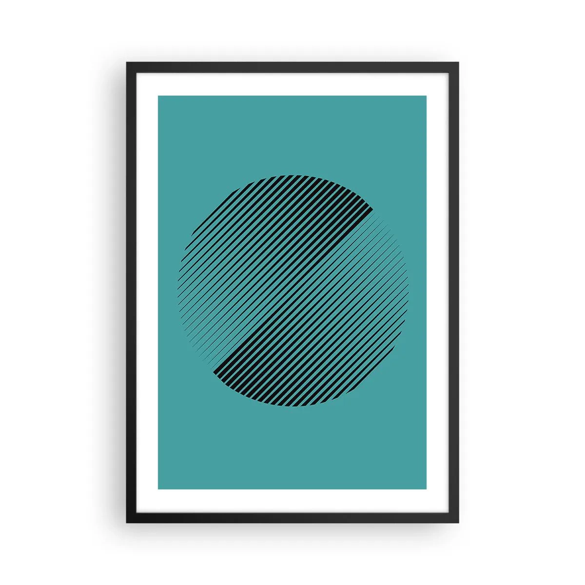 Plakát v černém rámu - Minimalistická kruhová grafika s čarami na tyrkysovém pozadí - 50x70cm - Kruh – geometrická variace - Moderní nástěnná dekorace do obývacího pokoje a ložnice ARTTOR