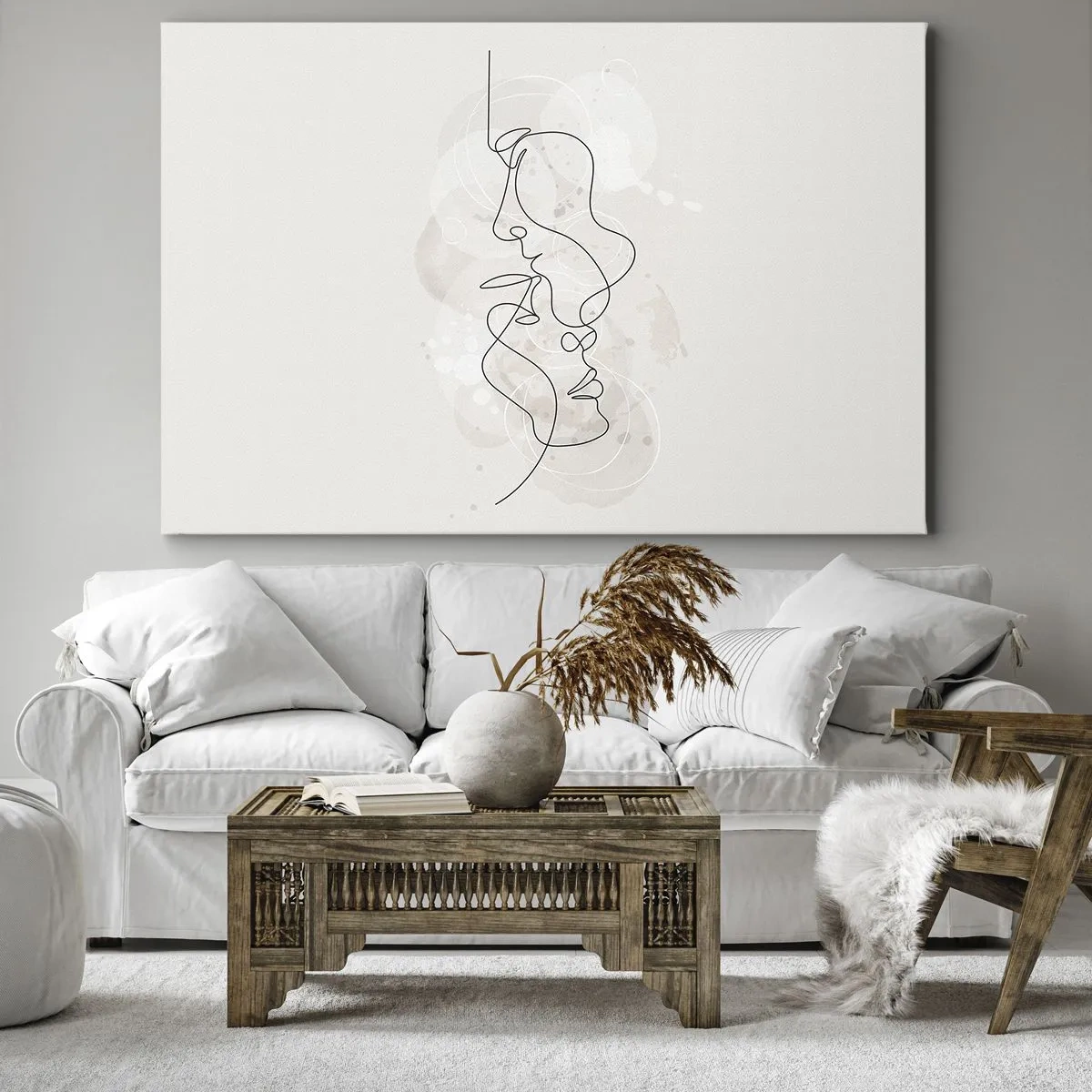 Obraz na plátně - Abstraktní obrys dvou tváří na světlém pozadí - 70x50cm - Zamotaní v objetí - Moderní nástěnná dekorace do obývacího pokoje a ložnice ARTTOR