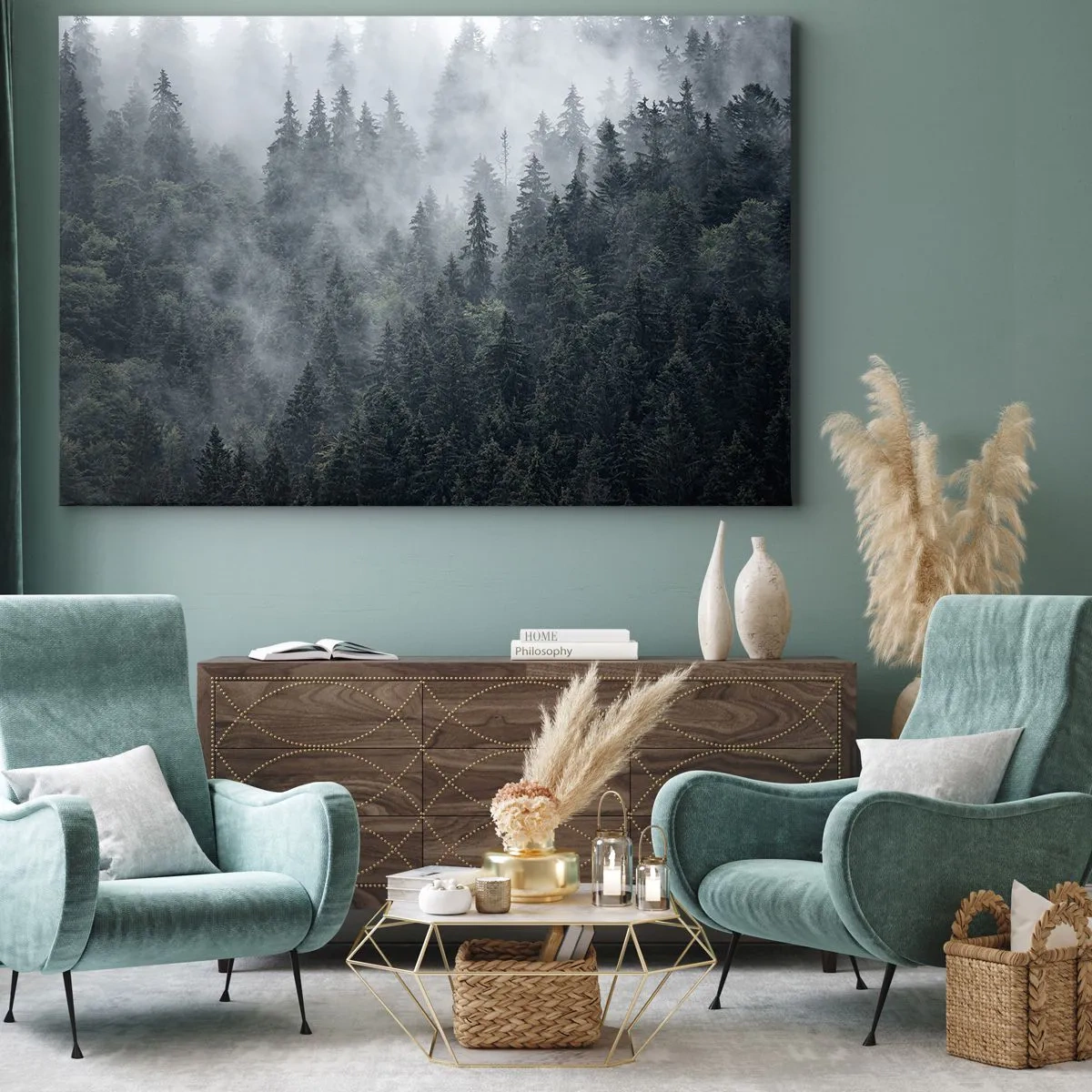 Obraz na plátně - Mlžný jehličnatý les v odstínech šedé a zelené - 70x50cm - Lesní svítání - Moderní nástěnná dekorace do obývacího pokoje a ložnice ARTTOR