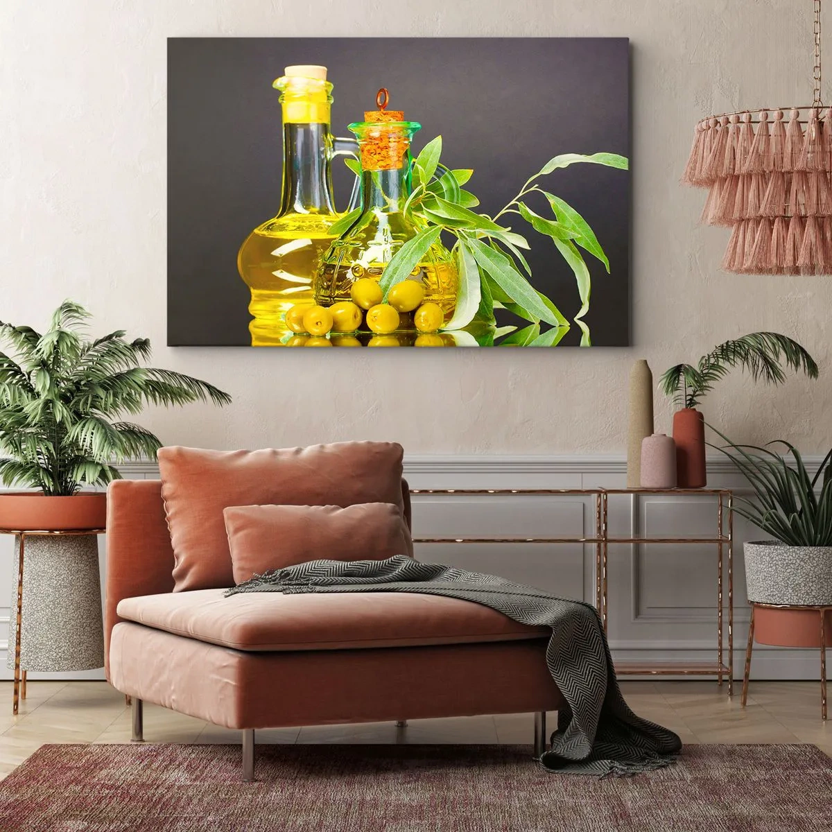 Obraz na plátně - Lahve olivového oleje a větve olivovníků - 70x50cm - Zátiší s olivami a olejem - Moderní nástěnná dekorace do obývacího pokoje a ložnice ARTTOR