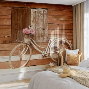 Fototapeta Standard Eco - Retro kolo s košíkem květin u dřevěné zdi. - 100x70cm - Hned se vrátím - Moderní nástěnná dekorace do obývacího pokoje a ložnice ARTTOR