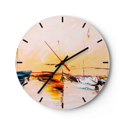 Nástěnné hodiny - Plachetnice v malebném přístavu při západu slunce - 30x30cm - Večer v přístavu - Moderní nástěnná dekorace do obývacího pokoje, kuchyně a ložnice ARTTOR