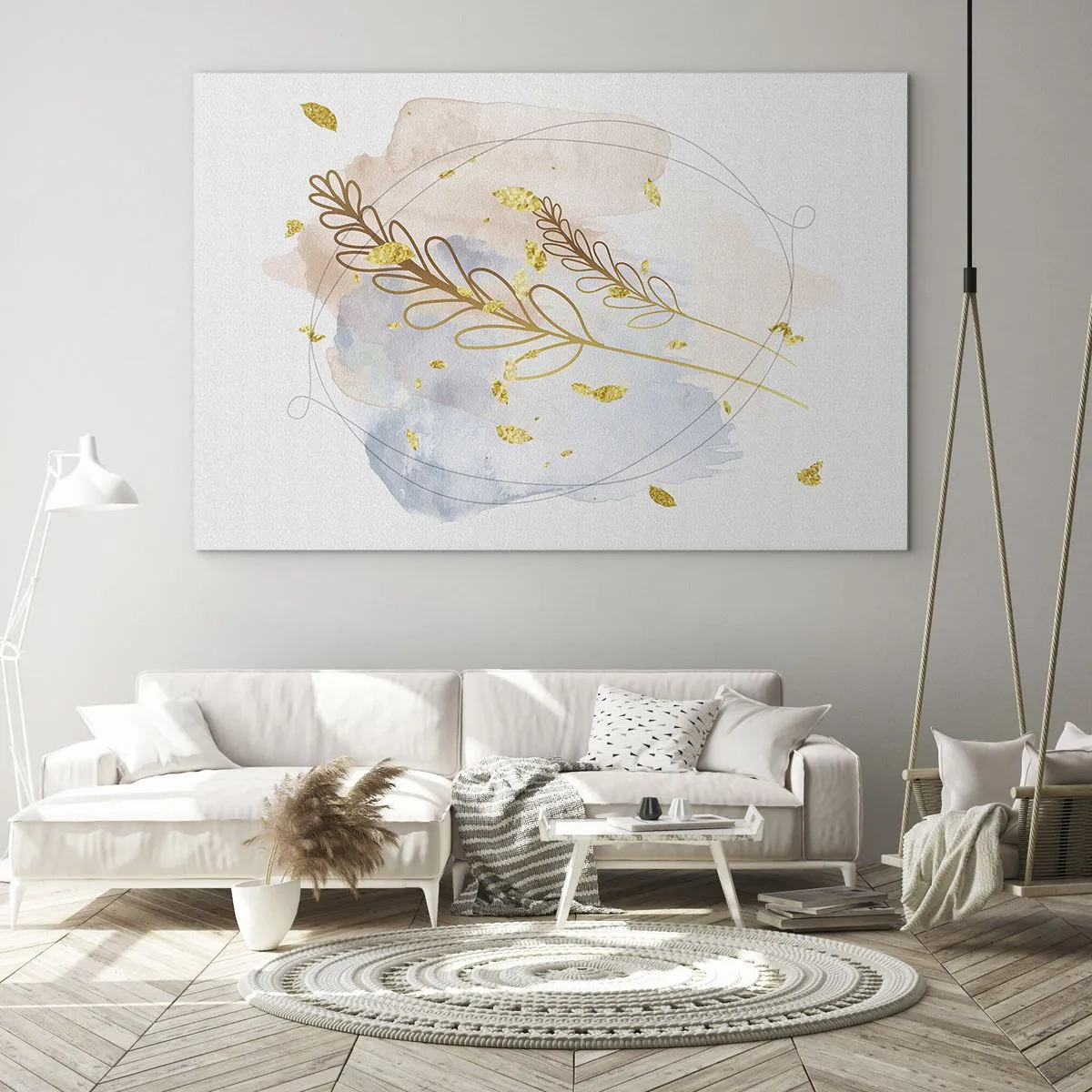 Obraz na skle - Jemná kompozice s větvičkami a zlatými listy v akvarelu - 70x50cm - Zlatý závan - Moderní nástěnná dekorace do obývacího pokoje a ložnice ARTTOR