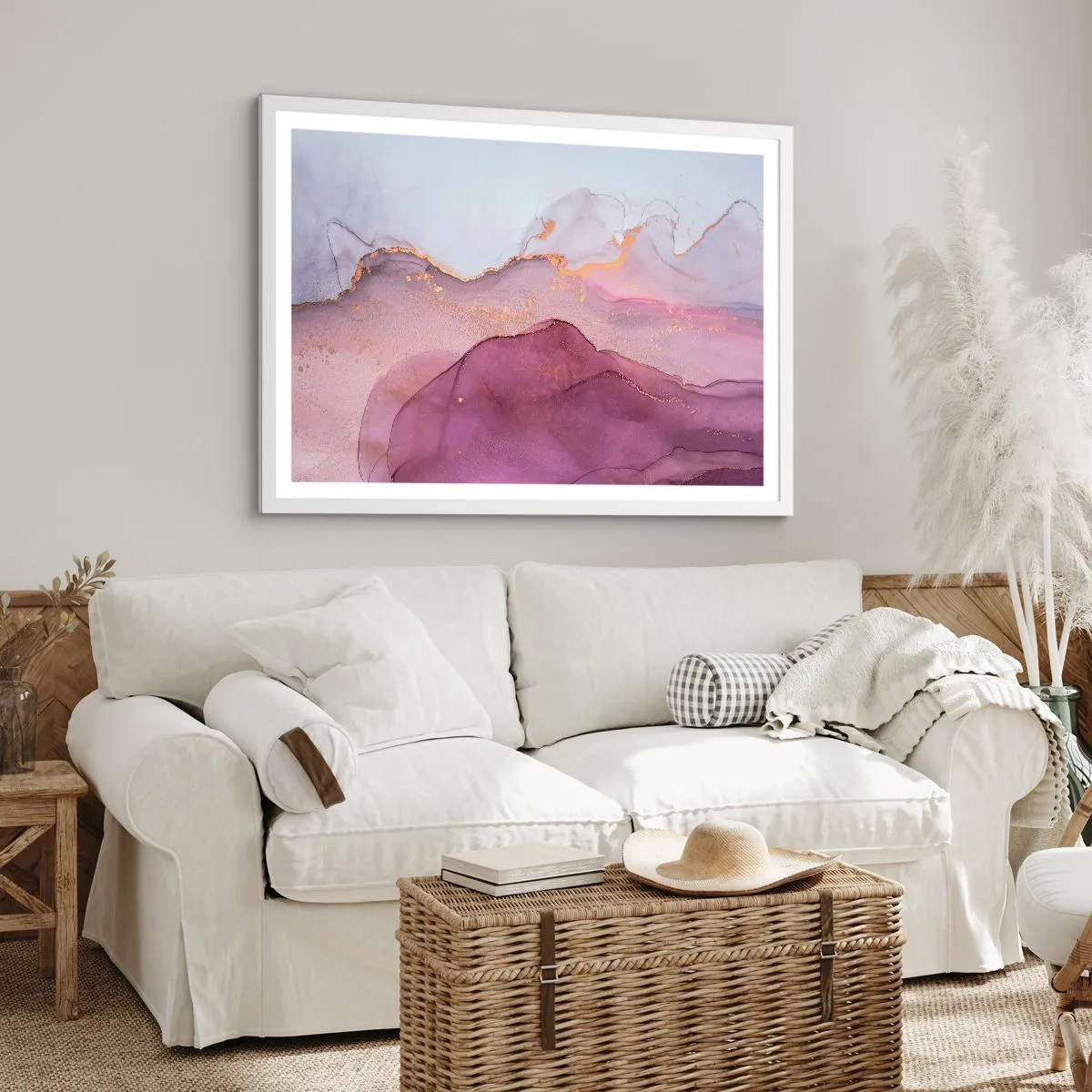 Plakát v bílém rámu - Fialové a lilové vlny - 91x61 cm