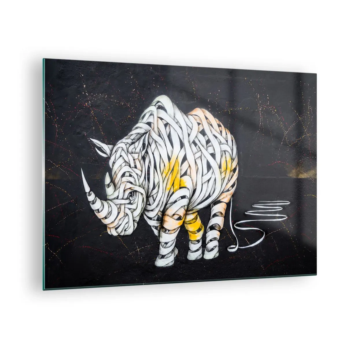 Obraz na skle - Abstraktní kresba nosorožce v podobě pruhů - 70x50cm - Necitelnost je mýtus - Moderní nástěnná dekorace do obývacího pokoje a ložnice ARTTOR