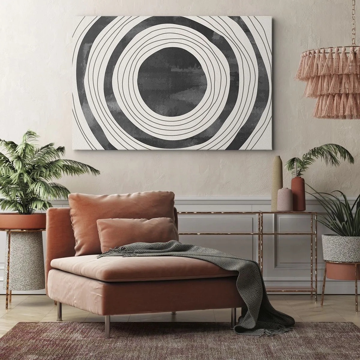 Obraz na plátně - Černobílé soustředné kruhy na světlém pozadí - 70x50cm - Přesný zásah - Moderní nástěnná dekorace do obývacího pokoje a ložnice ARTTOR