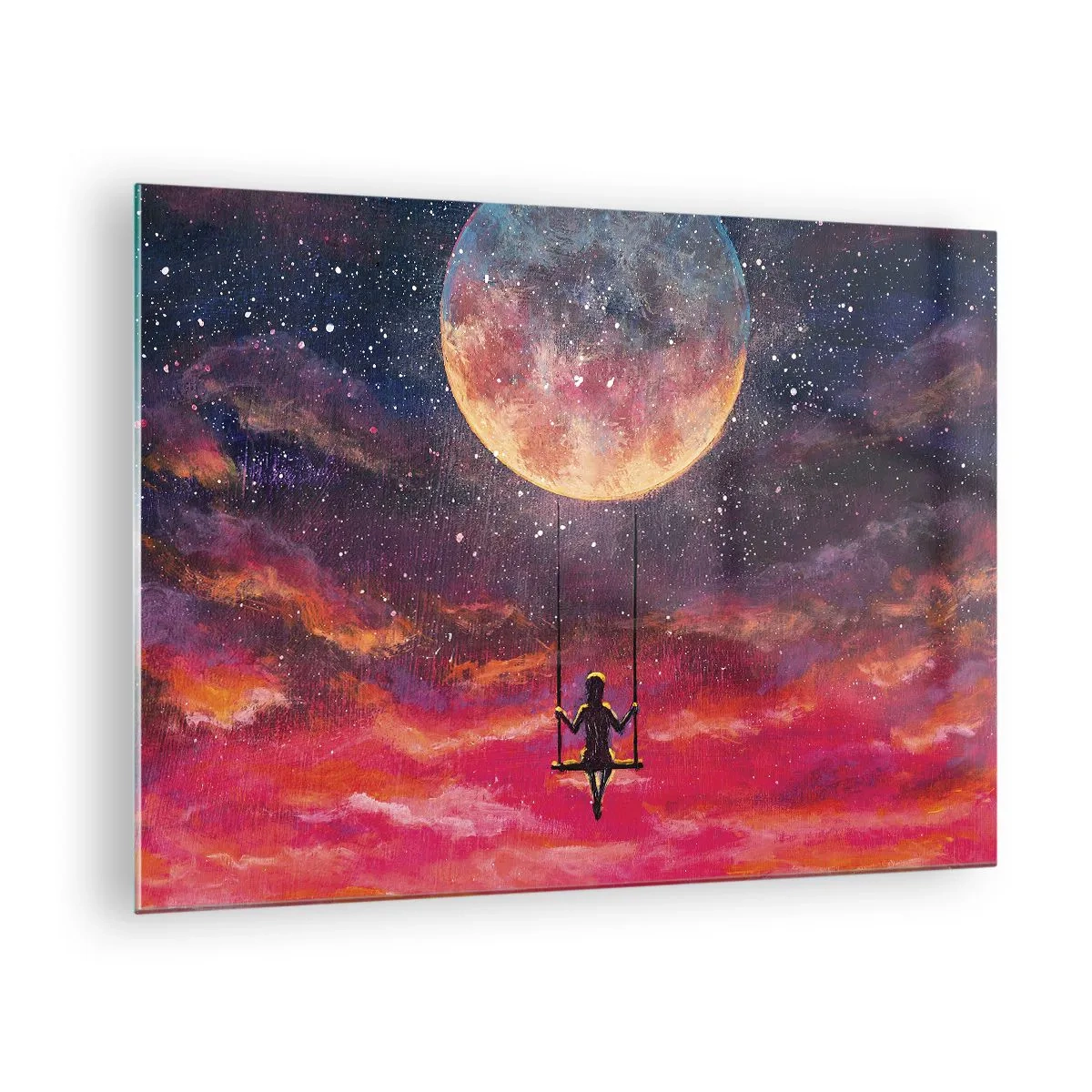 Obraz na skle - Dívka na houpačce zavěšená pod měsícem - 70x50cm - Stavět si vzdušné zámky - Moderní nástěnná dekorace do obývacího pokoje a ložnice ARTTOR