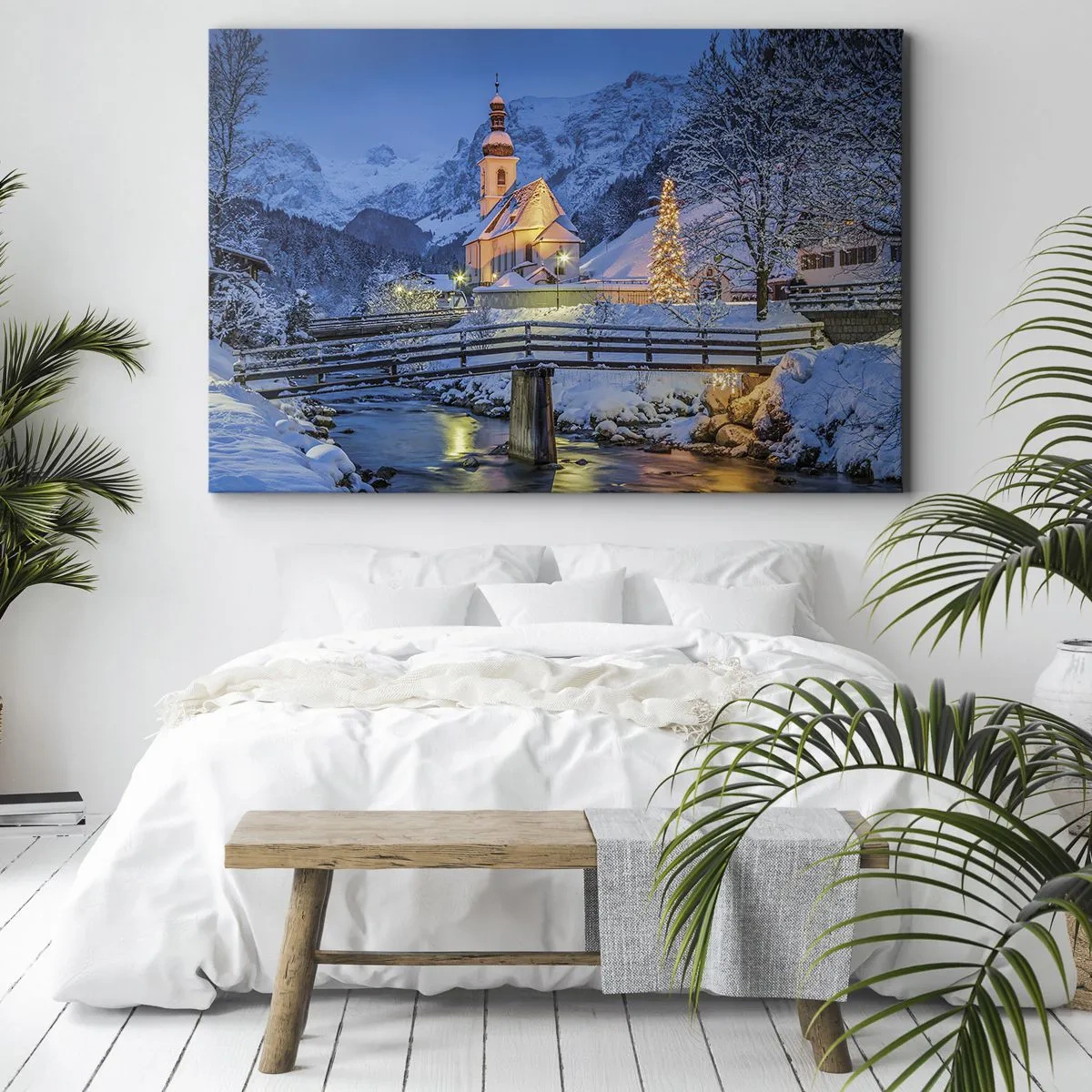 Obraz na plátně - Zimní krajina s kostelem, mostem a horami za soumraku - 70x50cm - Duch Vánoc - Moderní nástěnná dekorace do obývacího pokoje a ložnice ARTTOR