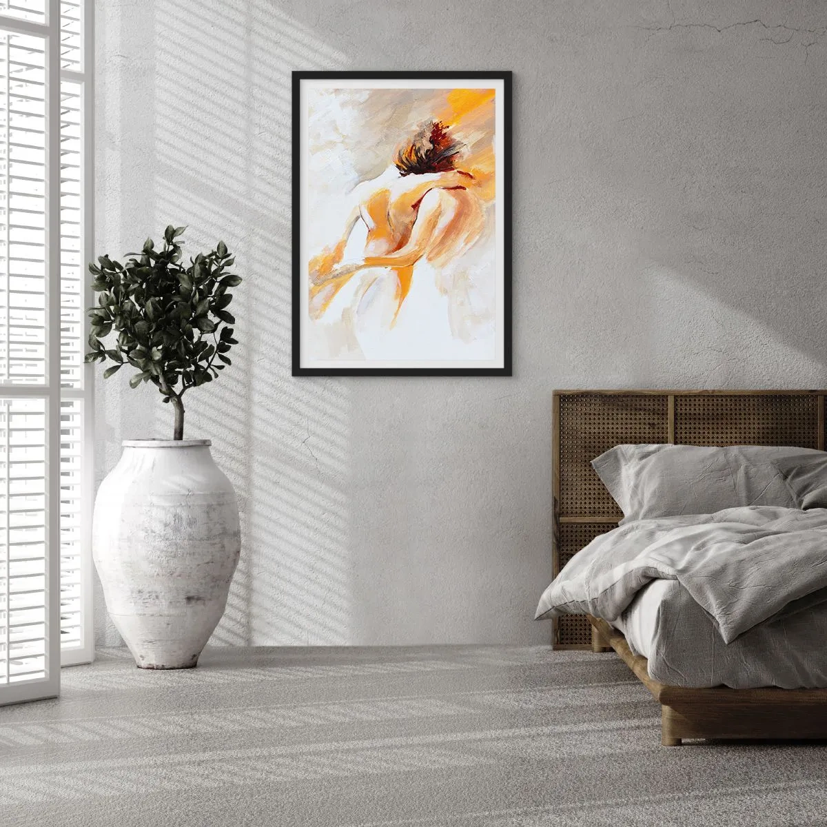 Plakát v černém rámu - Abstraktní pár v teplých barvách na světlém pozadí - 50x70cm - Blízkost v nebi - Moderní nástěnná dekorace do obývacího pokoje a ložnice ARTTOR