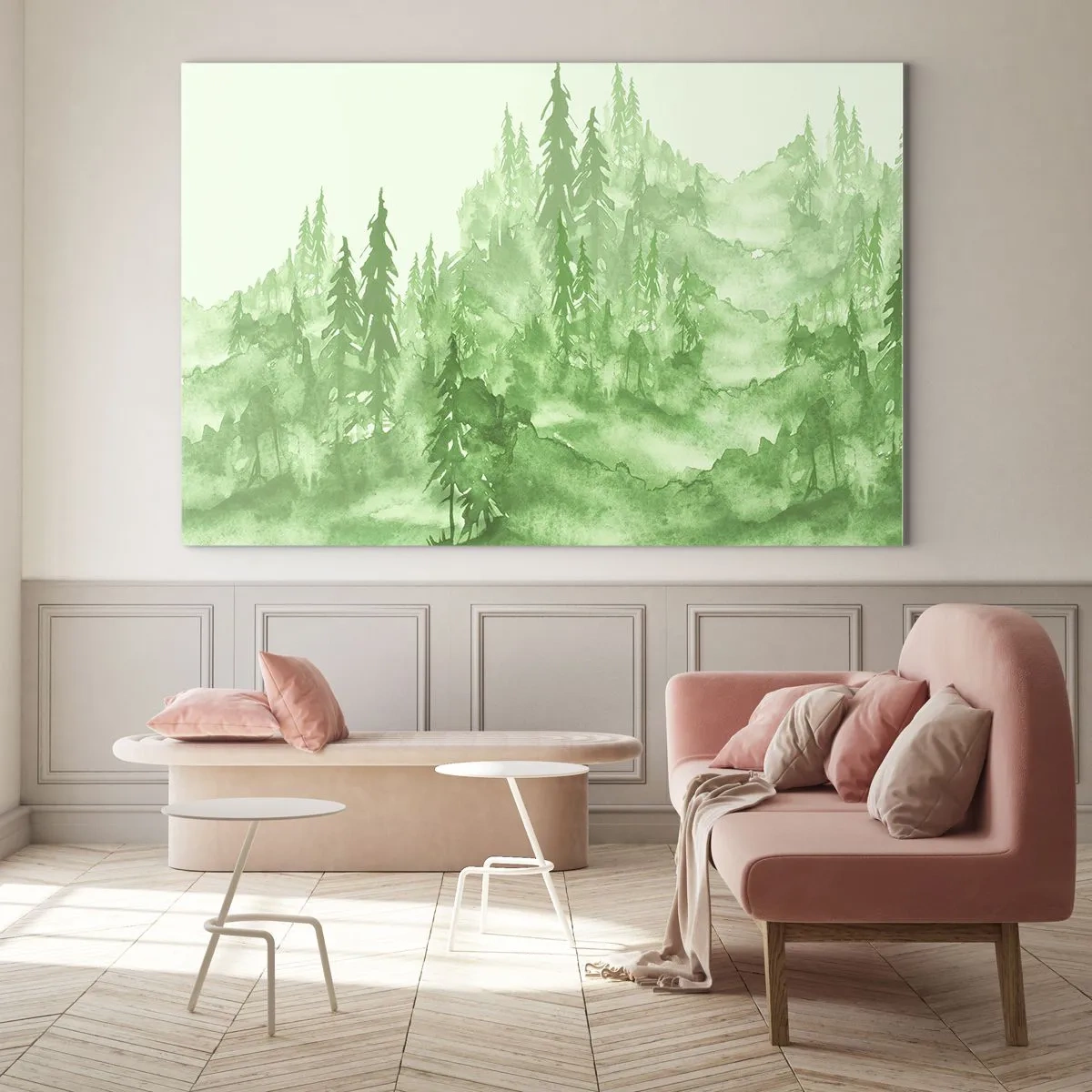 Obraz na skle - Zelený les ve stylu akvarelu - 70x50cm - Rozmazaný zelenou mlhou - Moderní nástěnná dekorace do obývacího pokoje a ložnice ARTTOR