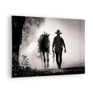 Obraz na skle - Silueta kovboje vedoucího koně mlhavou krajinou - 70x50cm - Texaské ráno - Moderní nástěnná dekorace do obývacího pokoje a ložnice ARTTOR