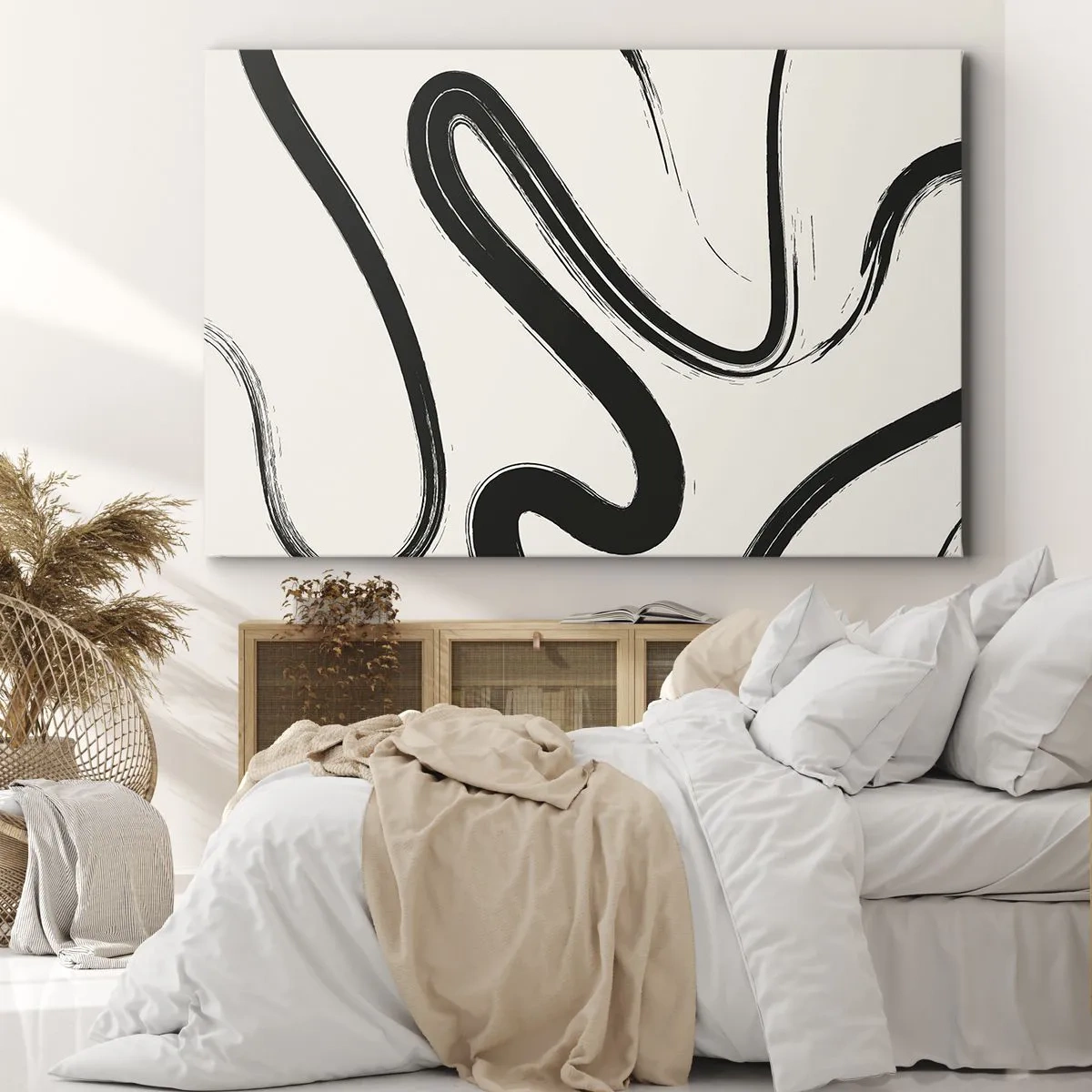 Obraz na plátně - Černobílé zakřivené čáry na světlém pozadí - 70x50cm - Černobílý rozmar - Moderní nástěnná dekorace do obývacího pokoje a ložnice ARTTOR