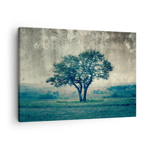 Obraz na plátně - Osamělý strom proti mlhavé krajině - 70x50cm - Jabloň na modrém poli? - Moderní nástěnná dekorace do obývacího pokoje a ložnice ARTTOR
