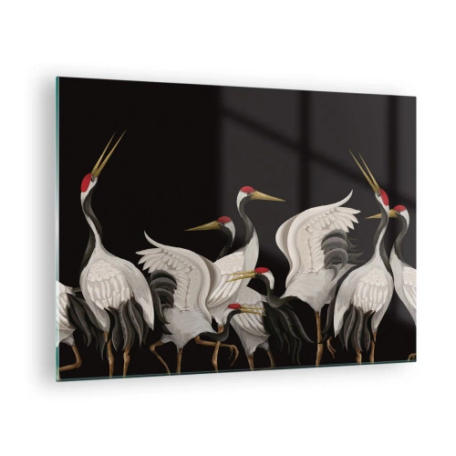 Obraz na skle - Bílí jeřábi s červenými hlavami na černém pozadí - 70x50cm - Ptačí záležitosti - Moderní nástěnná dekorace do obývacího pokoje a ložnice ARTTOR