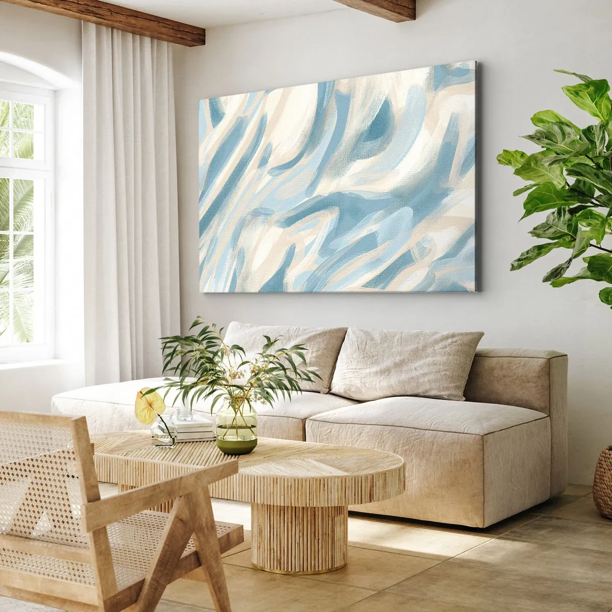 Obraz na plátně - Abstraktní modré pruhy na světlém pozadí - 70x50cm - Jarní závany - Moderní nástěnná dekorace do obývacího pokoje a ložnice ARTTOR