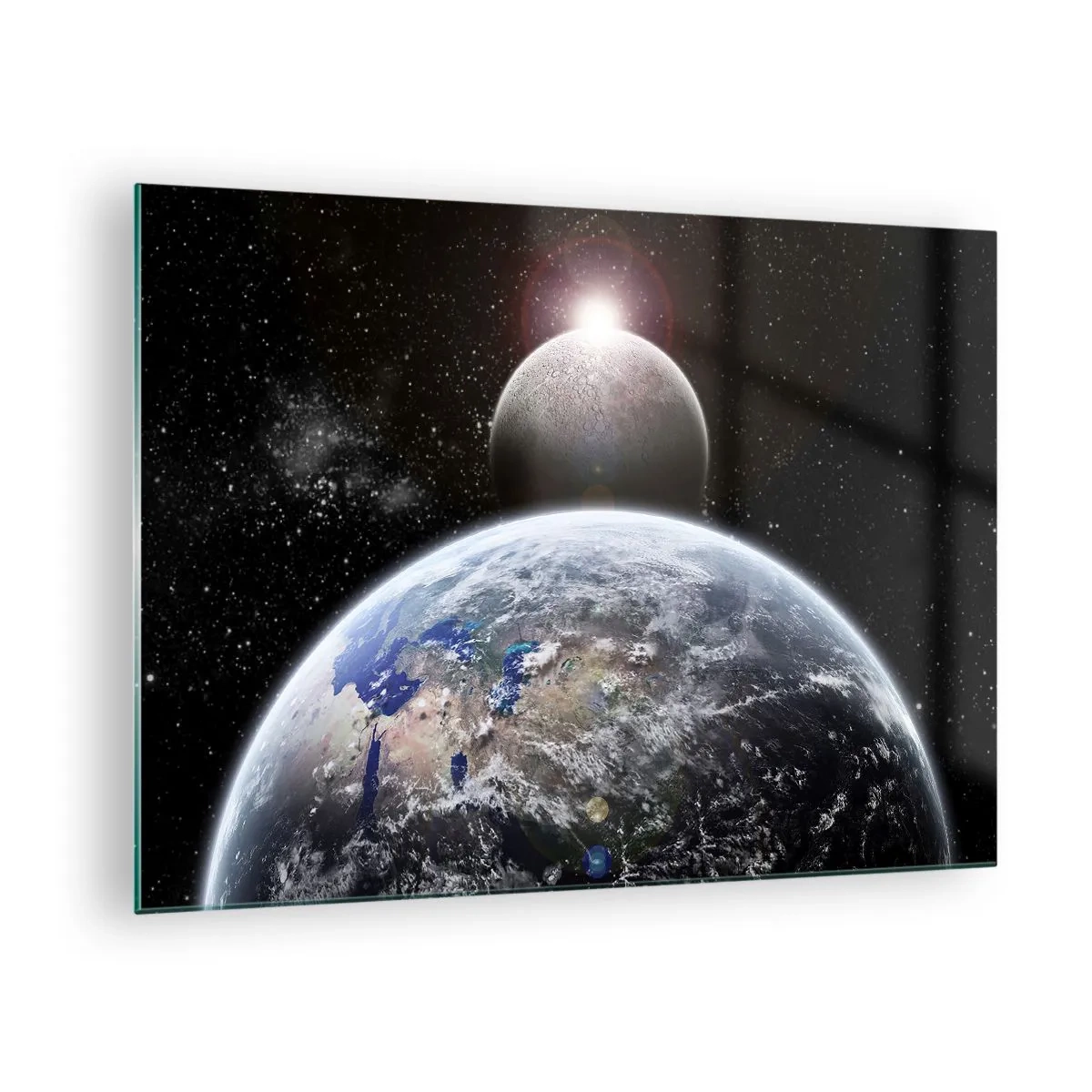 Obraz na skle - Země a Měsíc ve vesmíru - 70x50cm - Vesmírná krajina - východ slunce - Moderní nástěnná dekorace do obývacího pokoje a ložnice ARTTOR