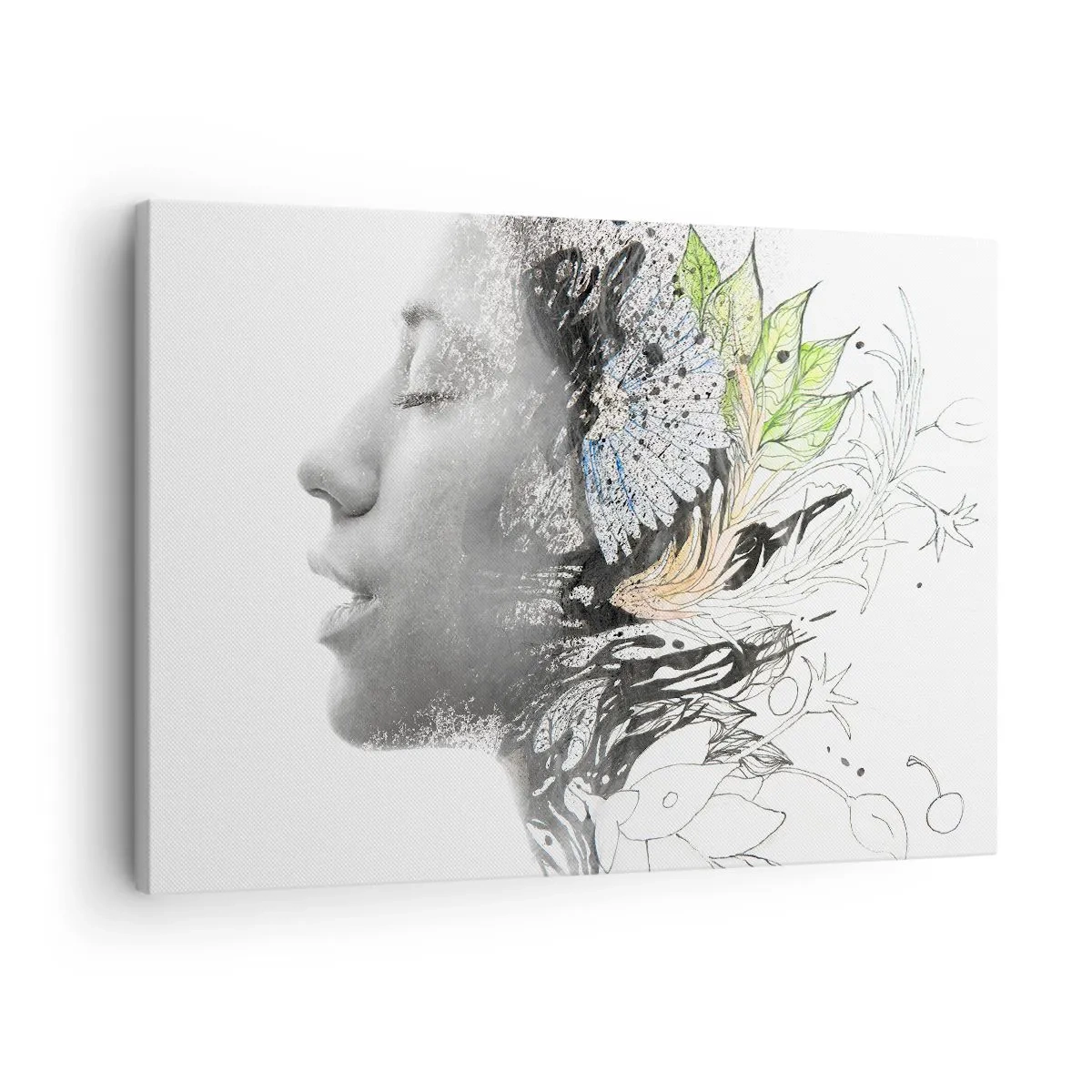 Obraz na plátně - Profil ženy v umělecké koláži přírody a temnoty - 70x50cm - Ponořená do přírody - Moderní nástěnná dekorace do obývacího pokoje a ložnice ARTTOR