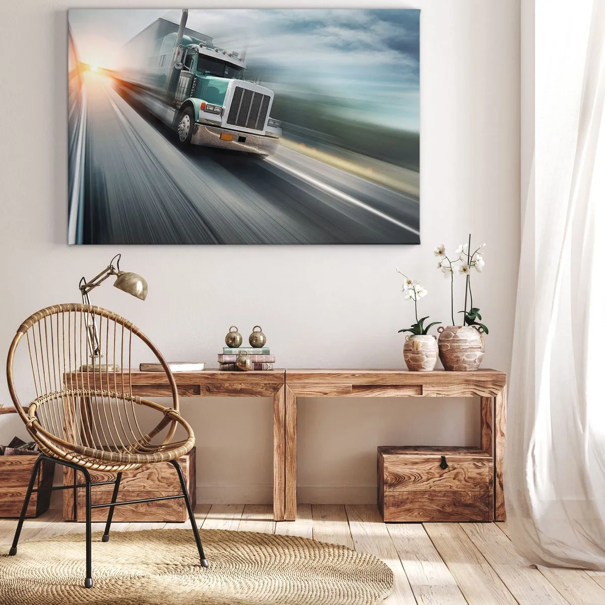 Obraz na plátně - Nákladní auto na dálnici v pohybu při západu slunce - 70x50cm - Americký obr v rychlosti - Moderní nástěnná dekorace do obývacího pokoje a ložnice ARTTOR