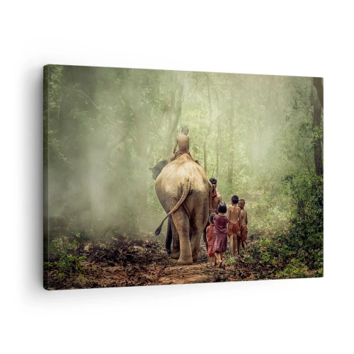 Obraz na plátně - Děti se slonem v zeleném lese v ranním světle - 70x50cm - Nová Kniha džunglí - Moderní nástěnná dekorace do obývacího pokoje a ložnice ARTTOR