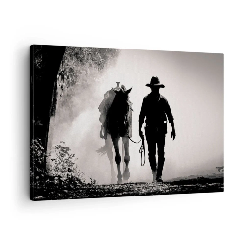Obraz na plátně - Kovboj s koněm v ranní mlze - 70x50cm - Texaské ráno - Moderní nástěnná dekorace do obývacího pokoje a ložnice ARTTOR