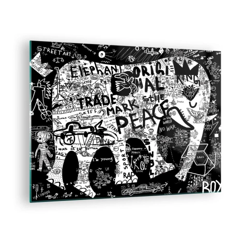 Obraz na skle - Černobílý graffiti s tématy míru a svobody - 70x50cm - Bohatý svět ulice - Moderní nástěnná dekorace do obývacího pokoje a ložnice ARTTOR