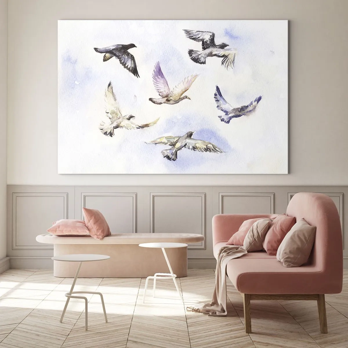 Obraz na skle - Ptáci za letu proti jasné obloze - 70x50cm - Svoboda v šedé a modré - Moderní nástěnná dekorace do obývacího pokoje a ložnice ARTTOR