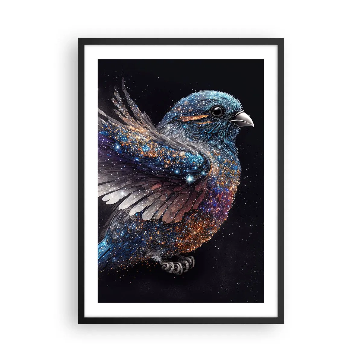 Plakát v černém rámu - Vesmírný pták s hvězdným peřím na černém pozadí - 50x70cm - Diamantový vrabec - Moderní nástěnná dekorace do obývacího pokoje a ložnice ARTTOR
