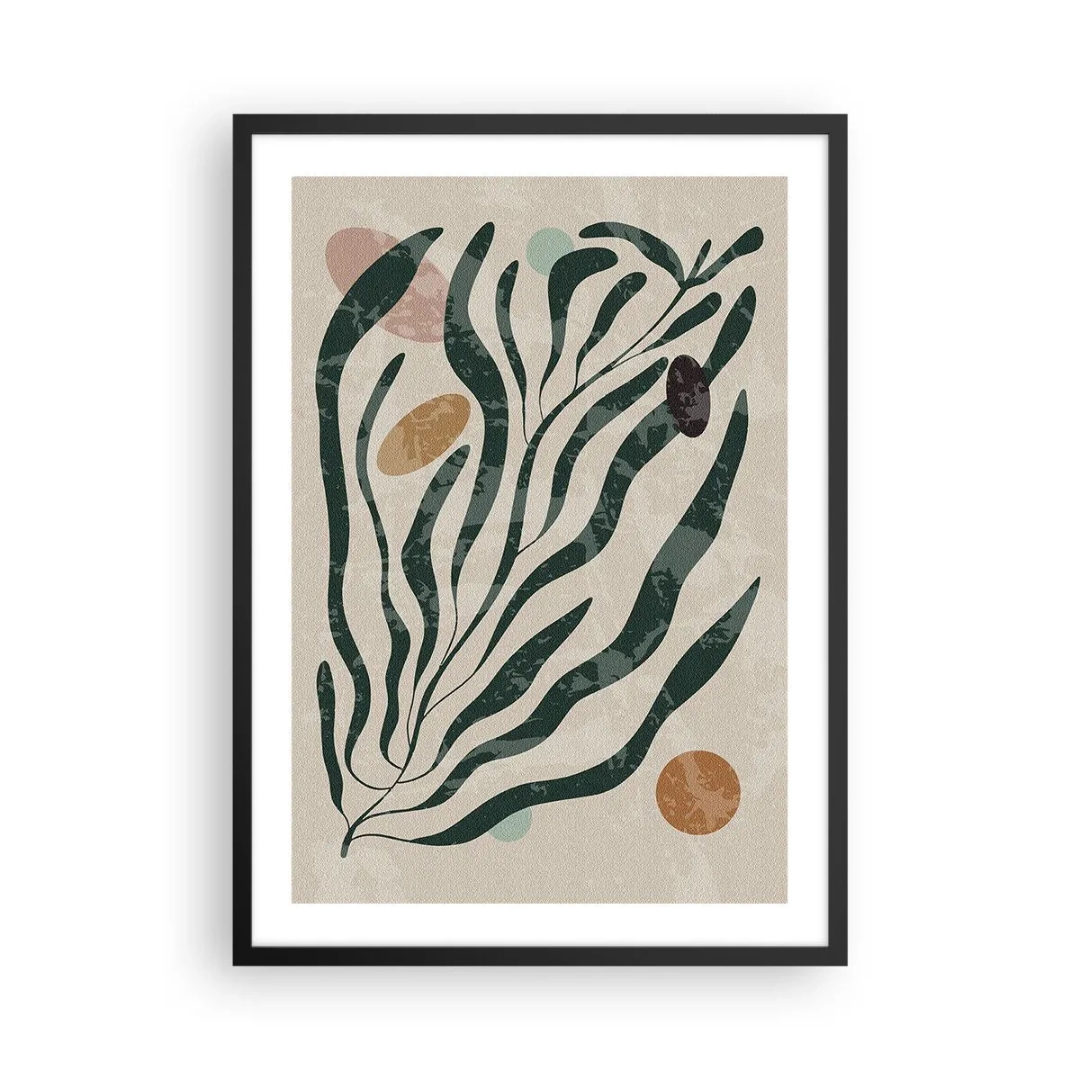 Plakát v černém rámu - Abstraktní rostlinná kompozice v zelené a béžové barvě - 50x70cm - Uprostřed zeleně - Moderní nástěnná dekorace do obývacího pokoje a ložnice ARTTOR