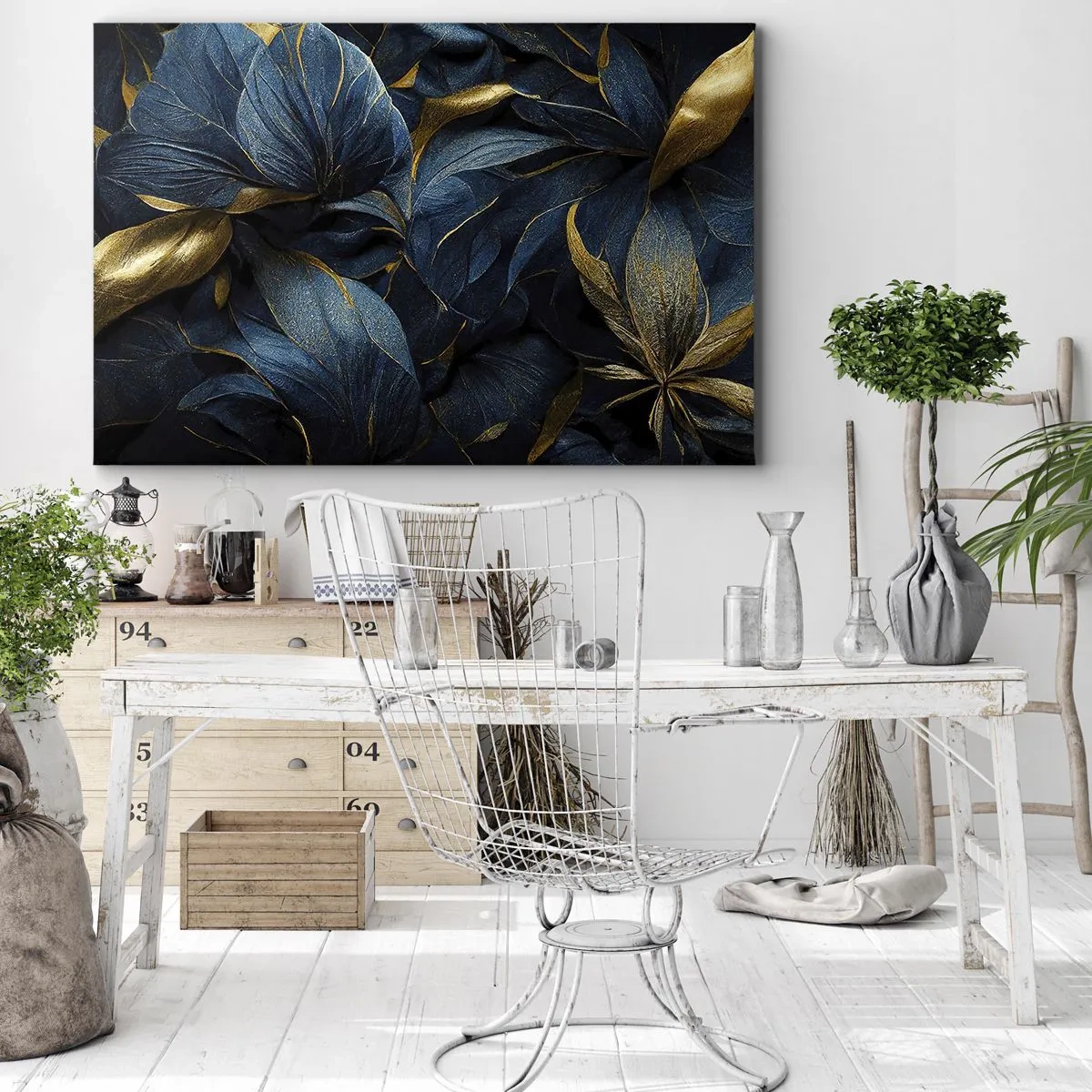 Obraz na plátně - Elegantní listy v odstínech zlaté a tmavě modré - 70x50cm - Podšívané zlatem - Moderní nástěnná dekorace do obývacího pokoje a ložnice ARTTOR