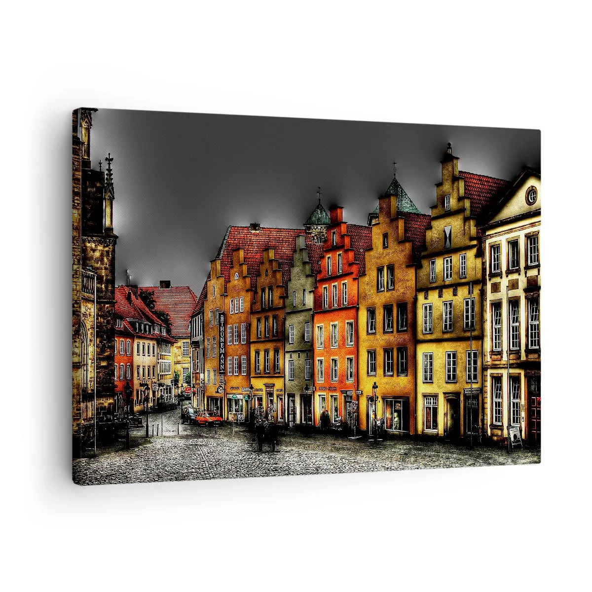 Obraz na plátně - Barevné činžovní domy na dlážděné ulici v historickém městě - 70x50cm - Chybí jenom kouzelná drožka - Moderní nástěnná dekorace do obývacího pokoje a ložnice ARTTOR