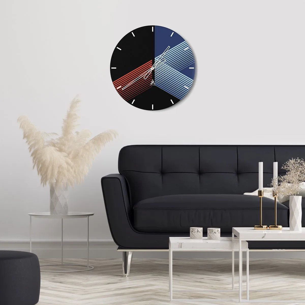 Nástěnné hodiny - Geometrická abstrakce s liniemi v kontrastních barvách - 30x30cm - Jednoduchý příběh - Moderní nástěnná dekorace do obývacího pokoje, kuchyně a ložnice ARTTOR